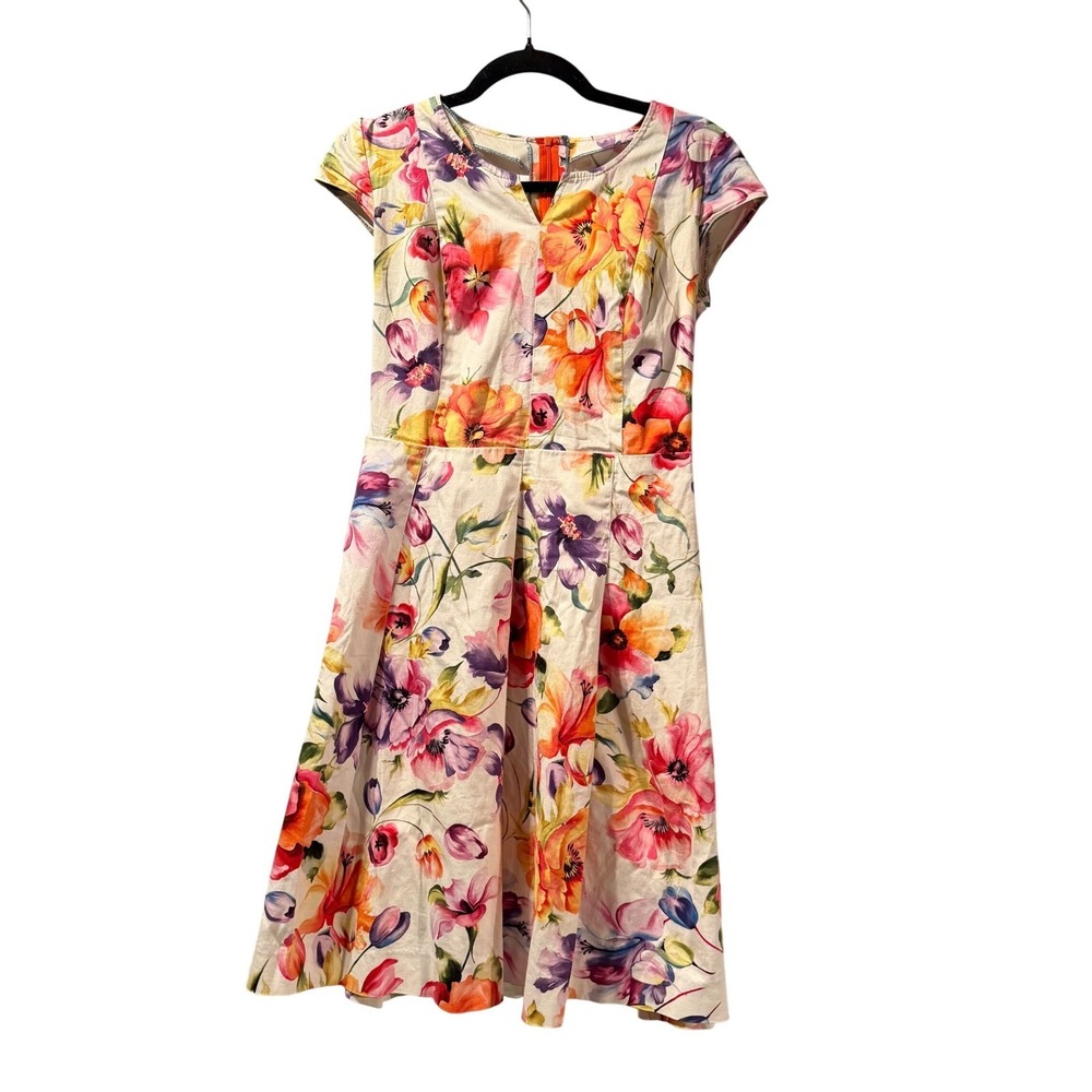 Vibrant Floral Hawaiian Tropical V-Neck Pleated A-Line Fit-And-Flair Dress Sz Sm